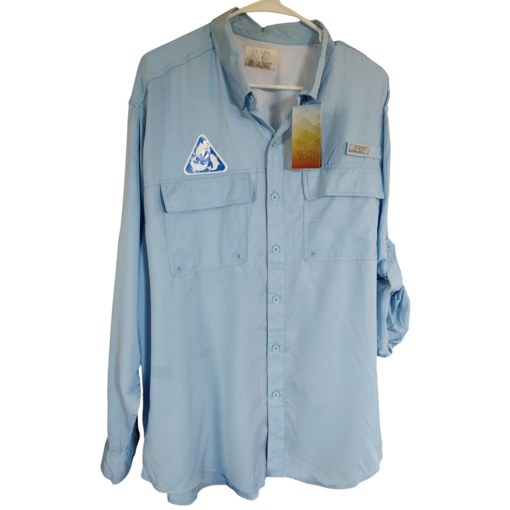 New Ocean and Coast Fishing Shirt Long Sleeve Button Up Outdoors Blue Mens XL